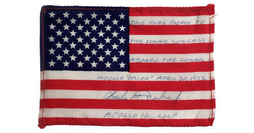 Charlie Duke’s flag from Apollo 16, when he explored the Lunar Highlands